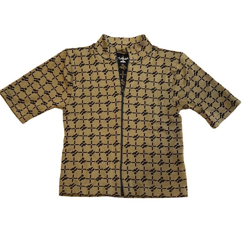 Urban Outfitters Tan and Black Patterned Short Sleeve Zip Top